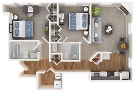 Floor plan for 2 beds, 2 baths, 1000 sqft